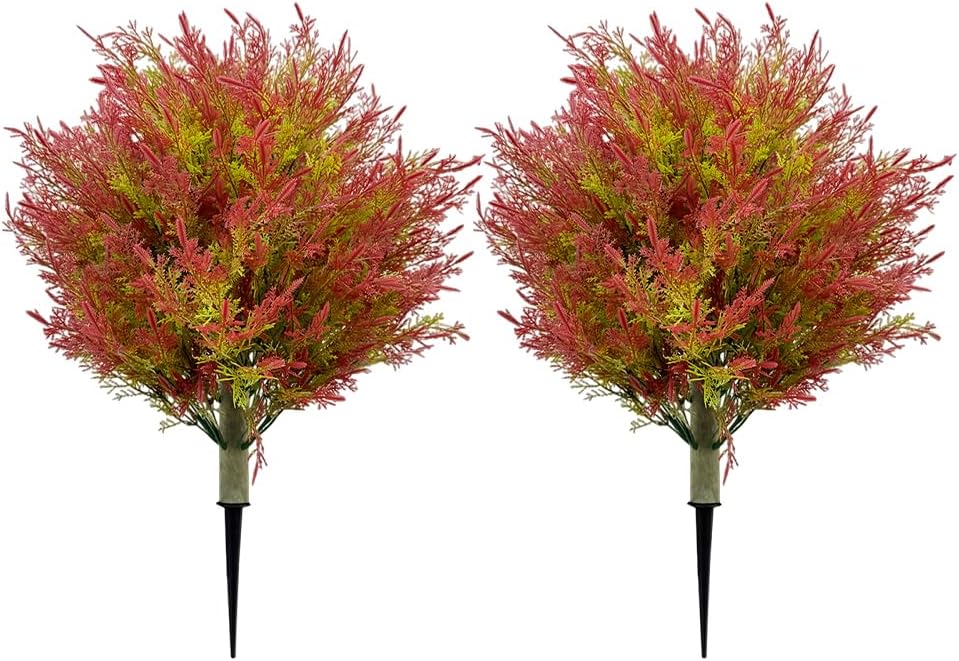Artificial Autumn Topiary Trees Set of 2, 24" UV Resistant Lifelike Faux Cypress Plants with Ground Spike, Fake Fall Tree Shrubs Bushes for Porch Front Garden Harvest Thanksgiving Home Decor (1)