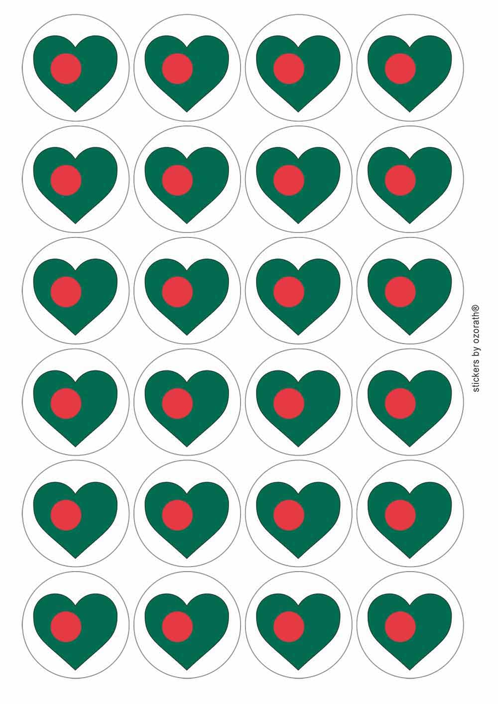 Ozorath Multicolor Bangladesh Bangladeshi National Flag Heart Circular Matt Paper Stickers A4 Sheet Of 24 (Each Sticker Is 45Mm Diameter)
