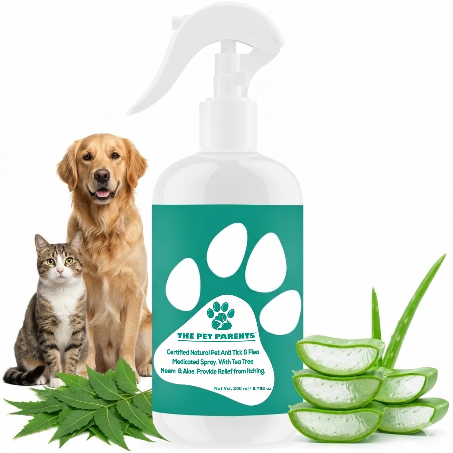 The Pet Parents Natural Anti Tick & Flea Spray for Dogs & Cats 200 ml | Fast Acting, Long Lasting, Gentle on Skin | Neem, Aloe Vera & Botanical Oil Herbal Formula | Complete Ectoparasite Killer