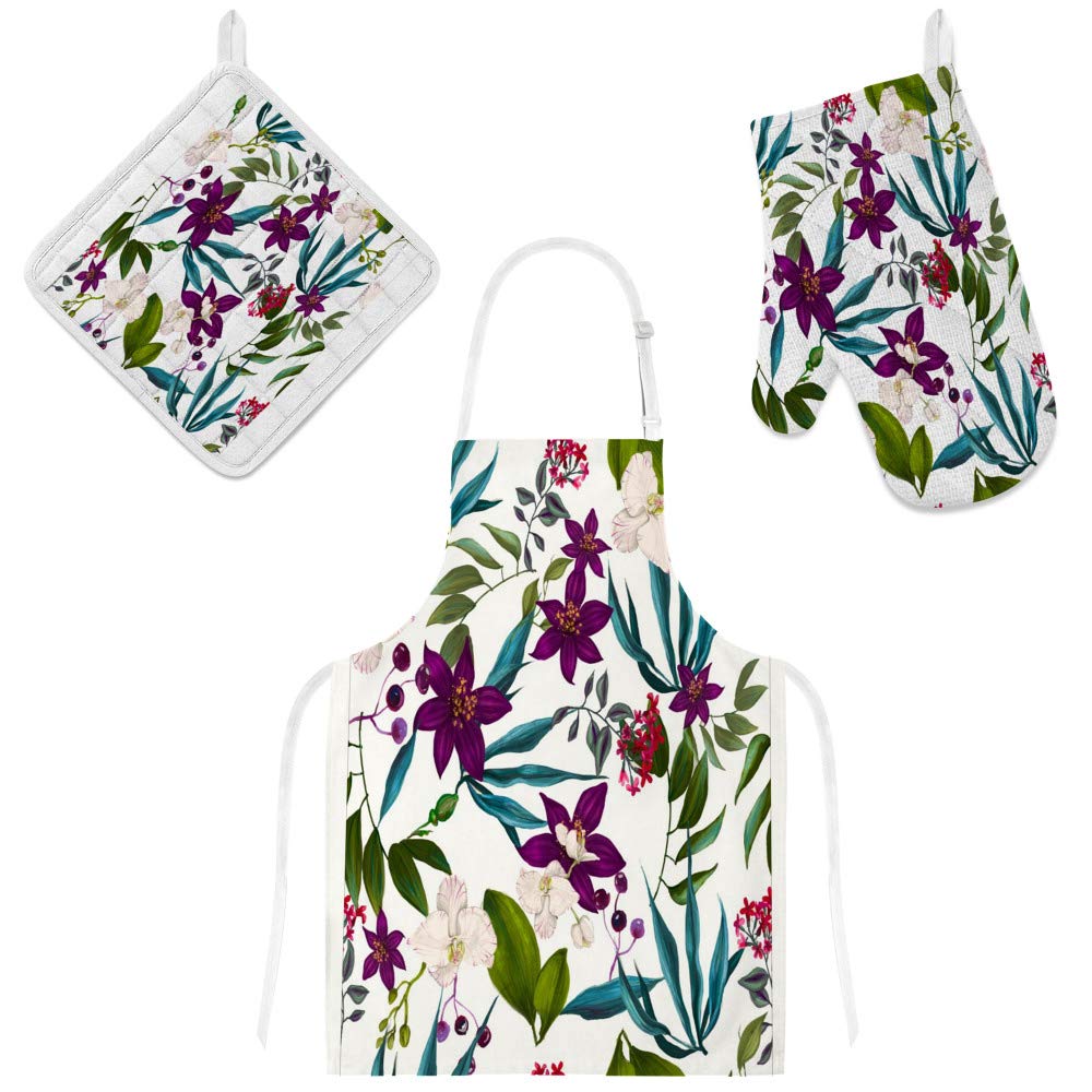 Tablier de cuisine avec poches et gants imperméable ensemble floral 3 pièces