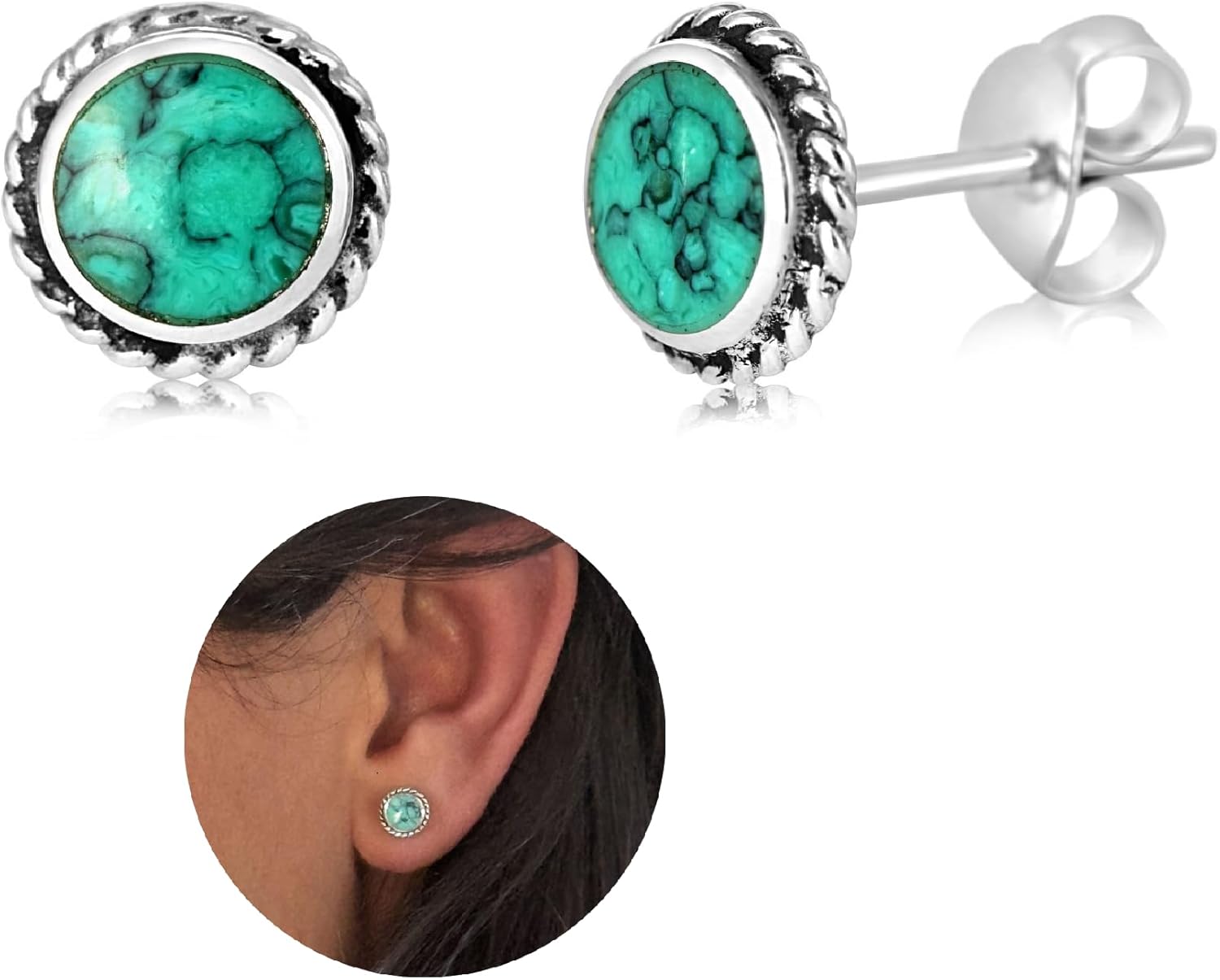 Handmade Turquoise Gemstone Round 7mm Stud Earrings, 925 Sterling Silver Circle Boho Studs for Women, Cartilage Earrings, Tarnish & Water Resistant, By Miya Jewelry Creations