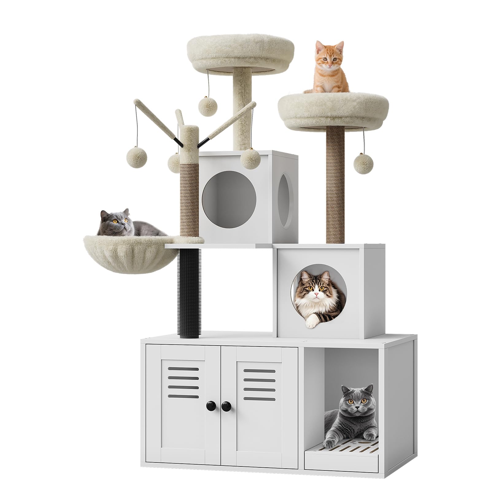 Garvee Mobile Lettiera Gatto 2-in-1 con Tiragraffi in Sisal – Torre Condominio Moderna – Amaca, Spazzola, Giochi, Piattaforme Multiple – Arredo in Legno Bianco – Colore: as show, Spec