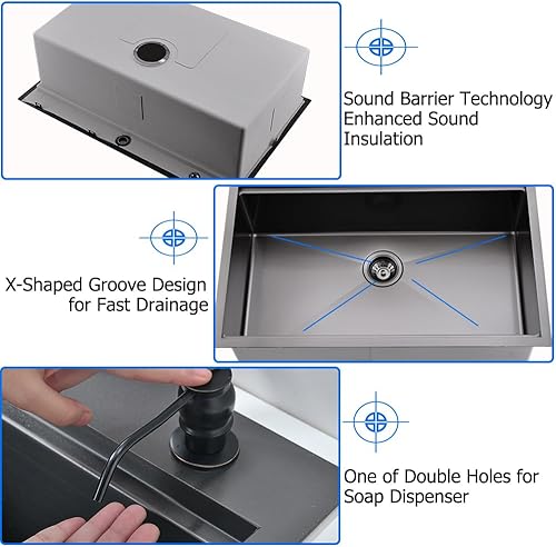 Miniatura 4 de Fregadero de cocina negro, 33 x 19 pulgadas, fregadero de cocina de acero inoxidable negro, cuenco individual profundo de calibre 16 para estación