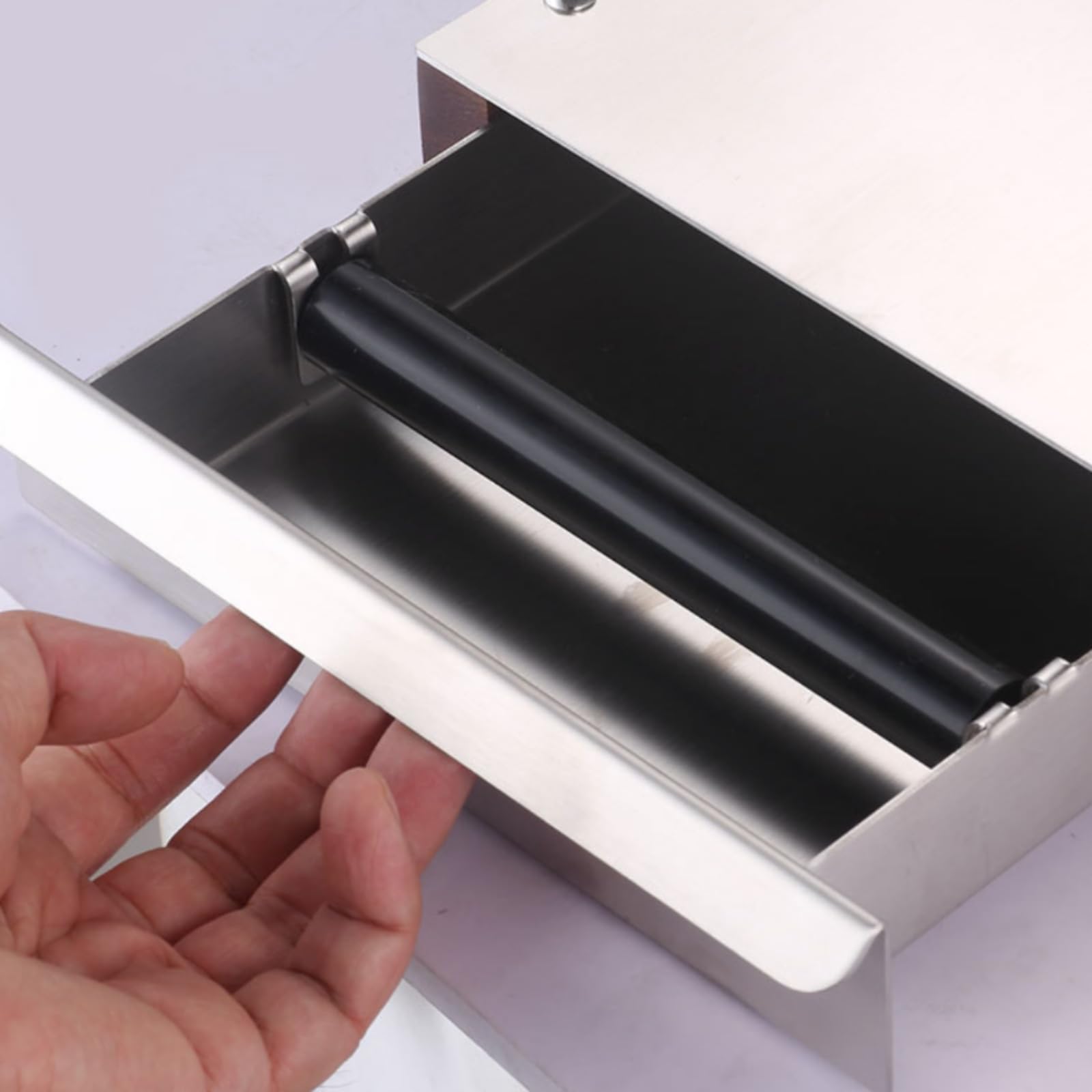 MagiDeal Contenedor de Posos de Café Caja de Posos Cajón Depósito Portafiltros Golpeo de Café en Estructura de Madera y Acero Diseño Rectangular Compacto, Nogal + Negro
