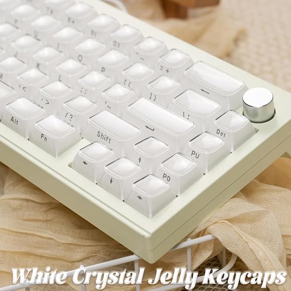 White Crystal Jelly Keycaps, Custom Side Printed Keycaps,113 Keys Translucent OEM Profile Keycap Set, Cute Shine Through Keyboard Caps for 61/68/84/87/98/100 Cherry MX Keyboard Mechanical