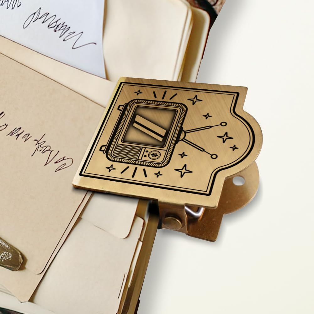 ANATTASOUL Brass Travel Notebook Journal Clip Retro TV Book Binder Clips Metal Vintage, 1.8"x1.6" Decorative Heavy Duty Gold Page Holder Clamps for Book, Paper, Bookmark, Accessories, Gifts