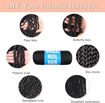 Natural Black Brazilian Wool Hair Yarn for Crochet Braiding, Twist Warps, Senegalese Twisting, Jumbo Braids, Faux Locs, Box Braids - 4 Rolls, 70G/Roll (1B#)