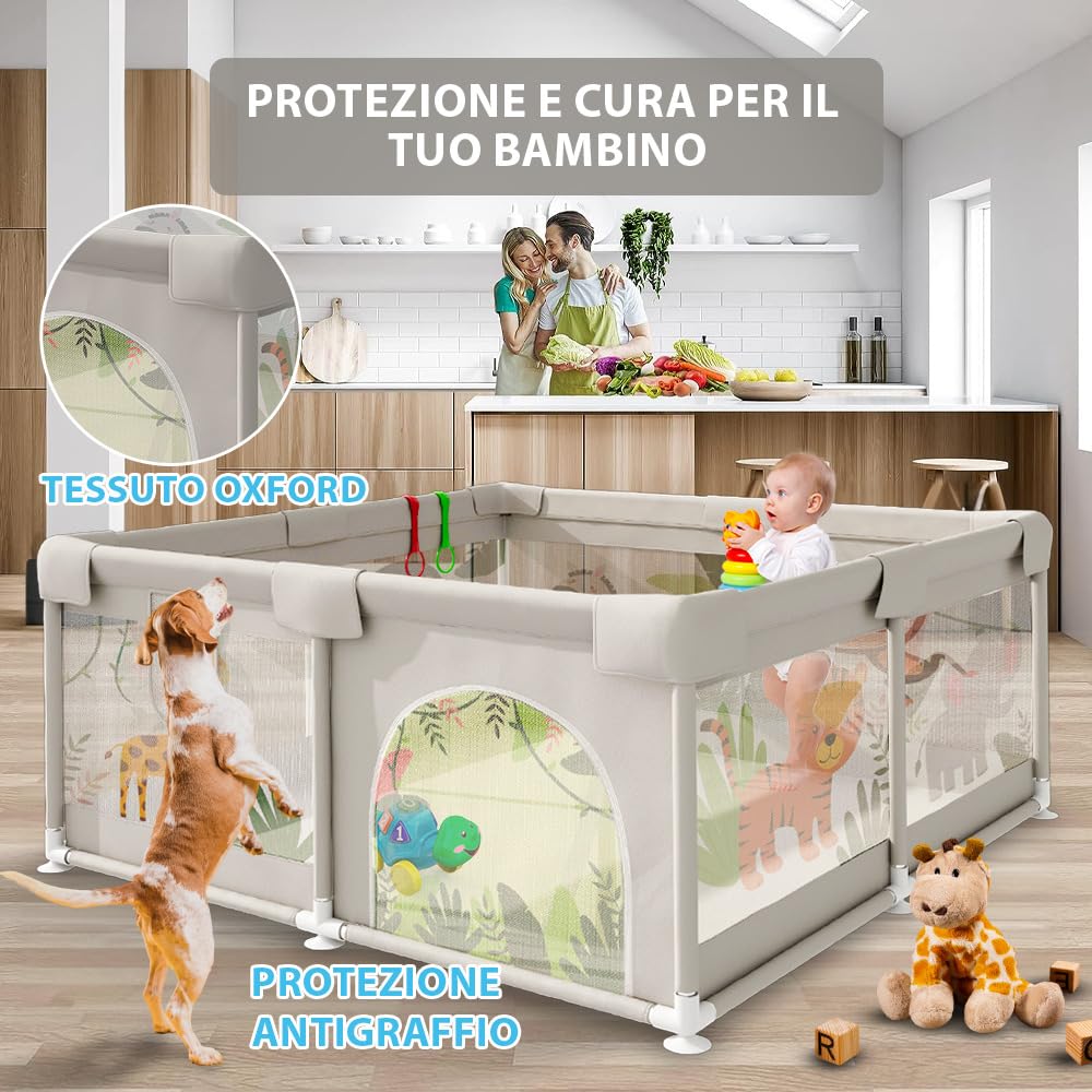 Selva - Box per bambini, 120 x 120 cm, con rete di animali traspirante, box pieghevole antiscivolo, tappetino imbottito + 4 anelli