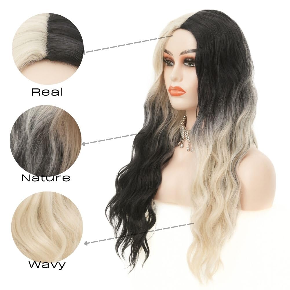 Siudus White and Black Wigs for Women Long Curly Wavy Hair Wig Synthetic Natural Middle Part Wig for Halloween Cosplay Use - Image 4