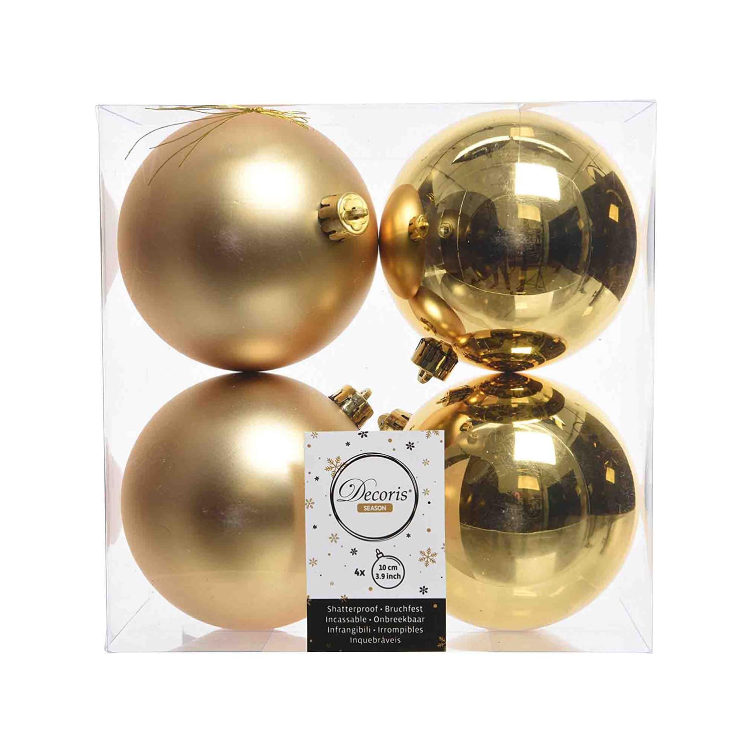 Christmas Tree Baubles, shatterproof, Mixed Shiny & Matt Gold - 100mm - 4 Pack