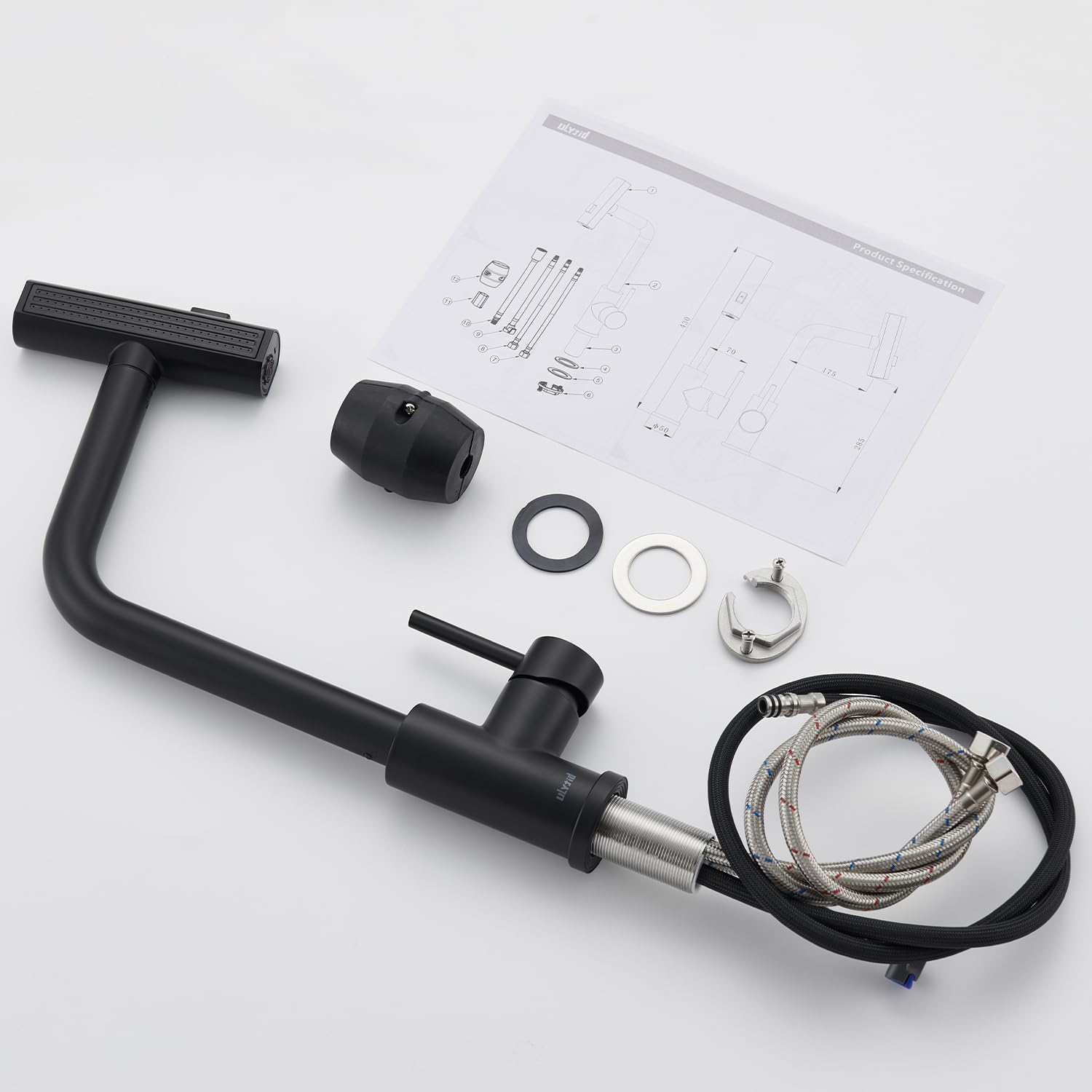 Mitigeur Cuisine Noir Cascade, Douchette Extractible 3 Modes, Robinetterie Evier Escamotable Rotatif 360° Acier Inoxydable