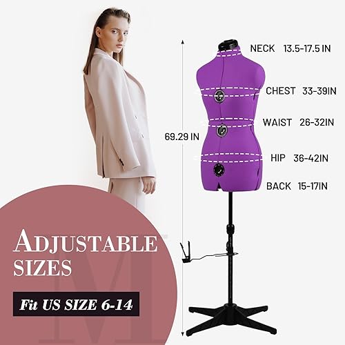 Miniatura 2 de Formularios de vestido para costura, maniquí femenino morado ajustable tamaño 6-14, cuerpo de modelo con 13 diales y guía de dobladillo de 360