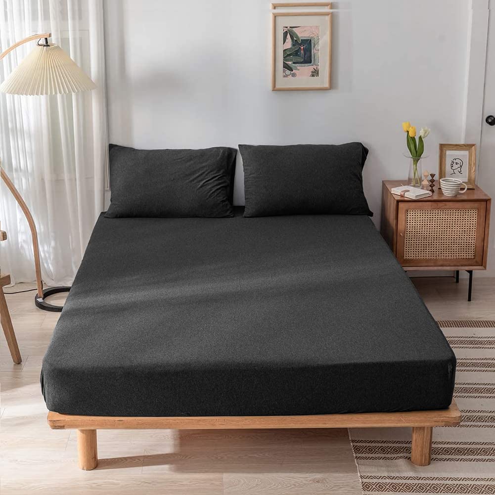 Ciel Home Fitted Bed Sheet Set with 2 Pillow Covers - Wrinkle and Iron Free Cotton Feel Polyester Jersey (Soft T-Shirt Fabric)-Fits Up to 6" Mattress- (78” x 72” King, Dk Grey & Navy Stripes Melange)