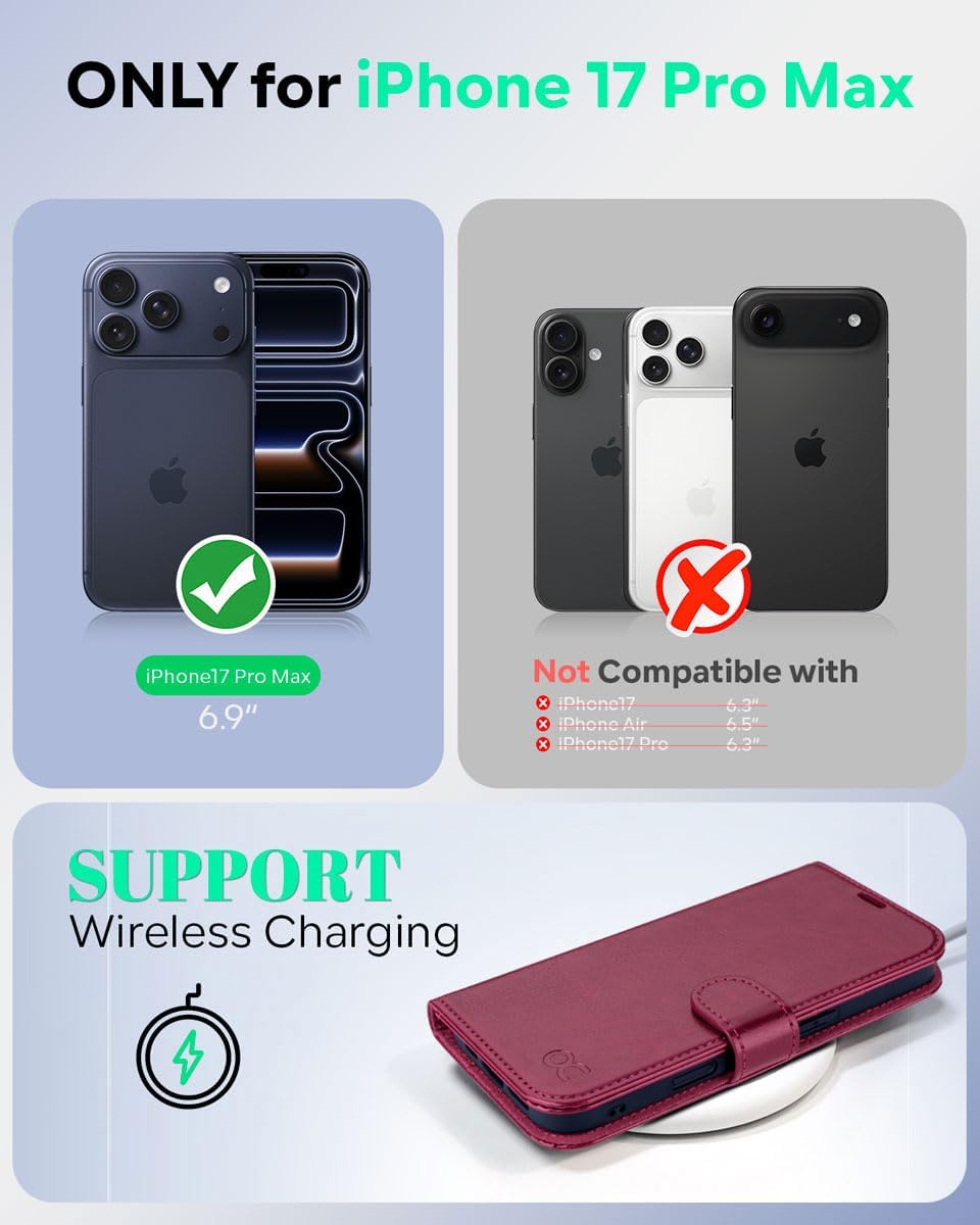 OCASE Compatible with iPhone 17 Pro Max Wallet Case, PU Leather Flip Folio Case with Card Holders RFID Blocking Kickstand [Shockproof TPU Inner Shell] Phone Cover 6.9 Inch 2025, Burgundy - Image 2