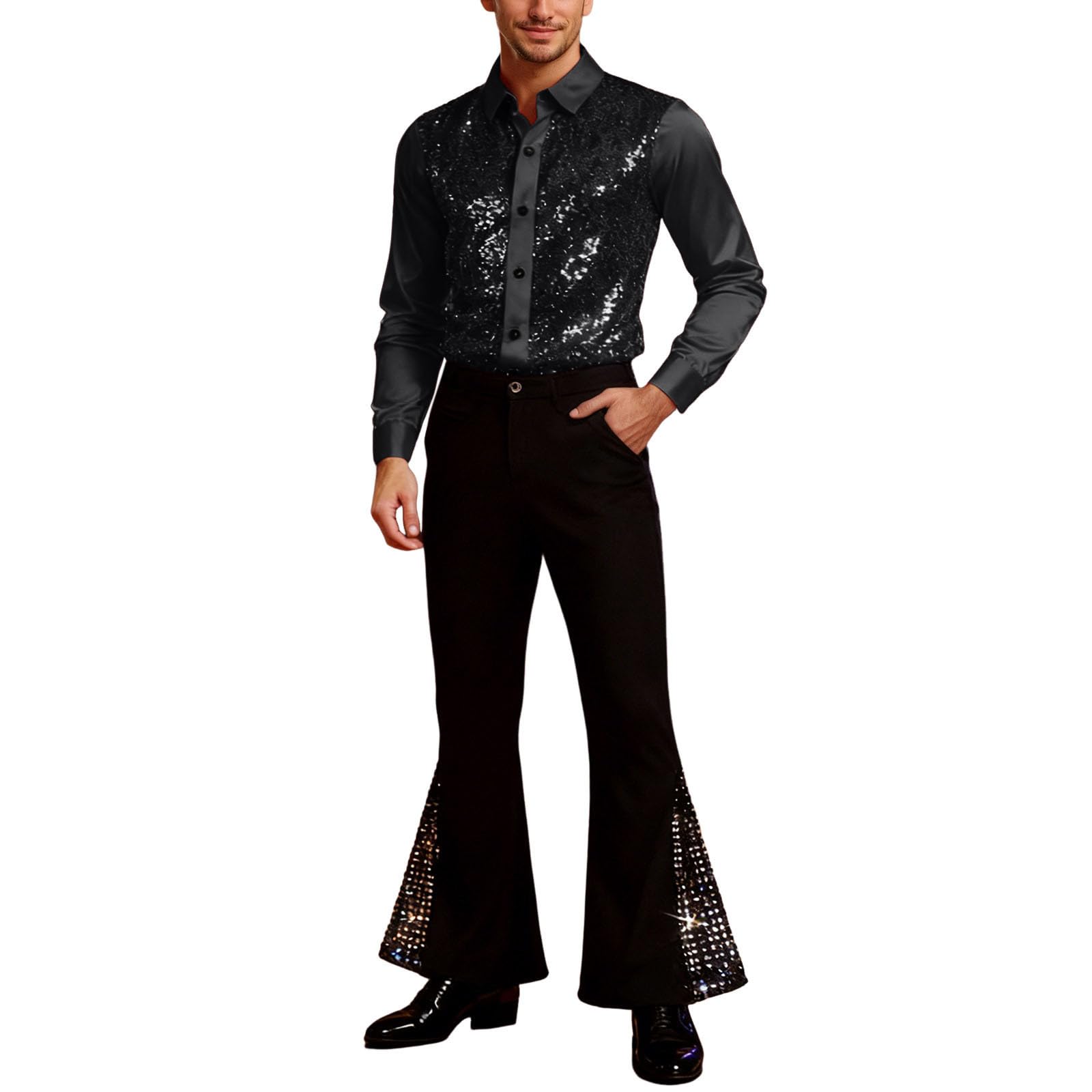 Traje de lentejuelas brillantes para hombre, camisa larga y pantalón elefante, chándal carnaval 60s Groovy baile latino
