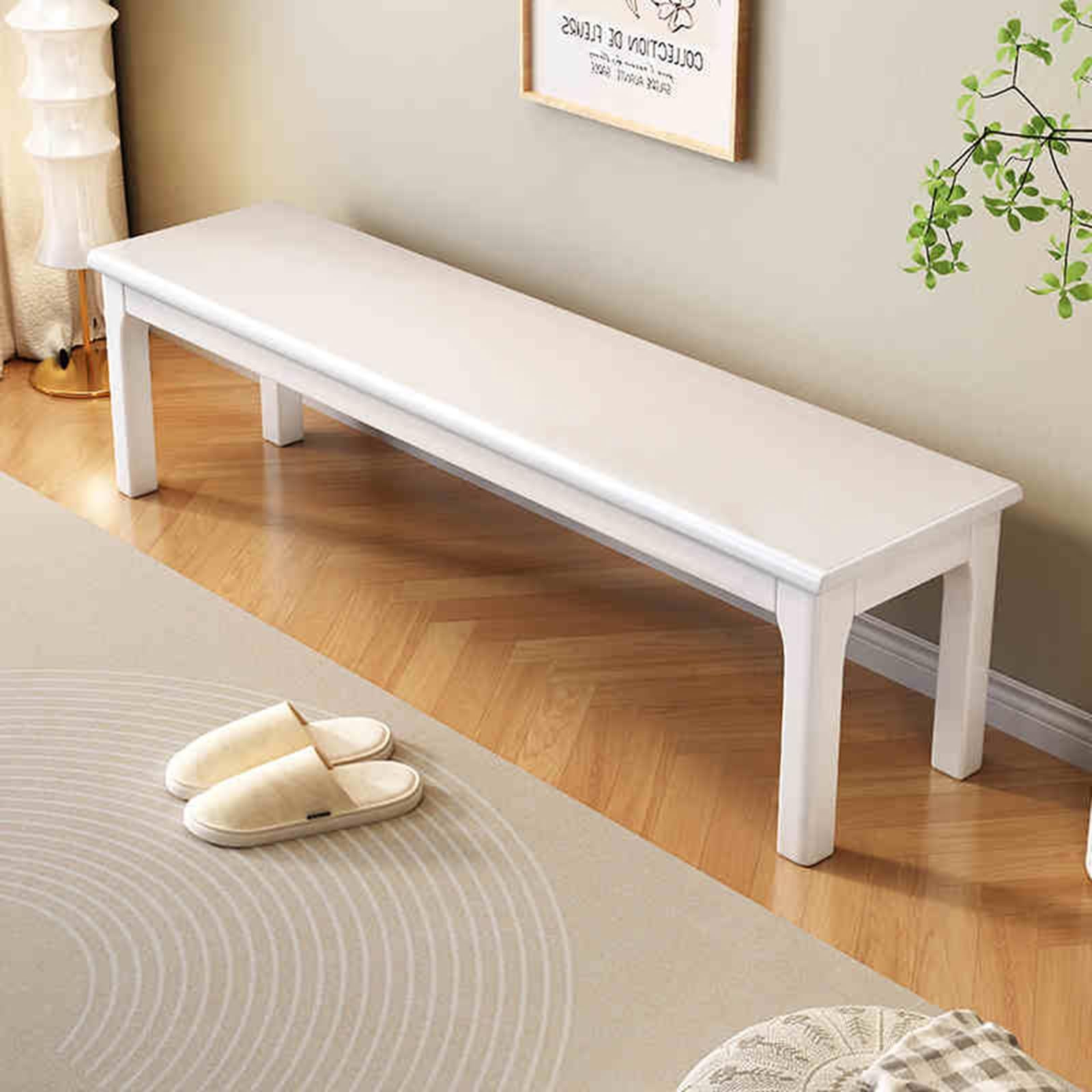 Banc d'entrée asiatique en bois naturel style ferme avec finition assortie Belle texture pour salle à manger, entrée et chambre à coucher, blanc crème, 100 x 45 cm
