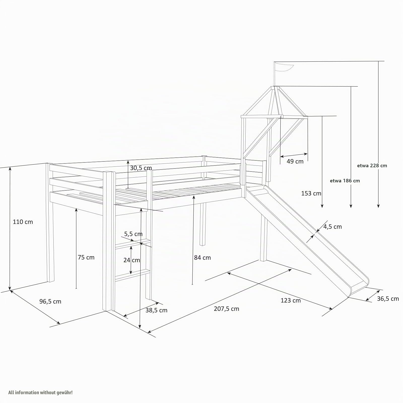 Homestyle4u 2553, Kinderhochbett Weiß 90 x 200cm Holz Kiefer rosa Hochbett Massiv Turm Leiter Vorhang Rutsche Lattenrost