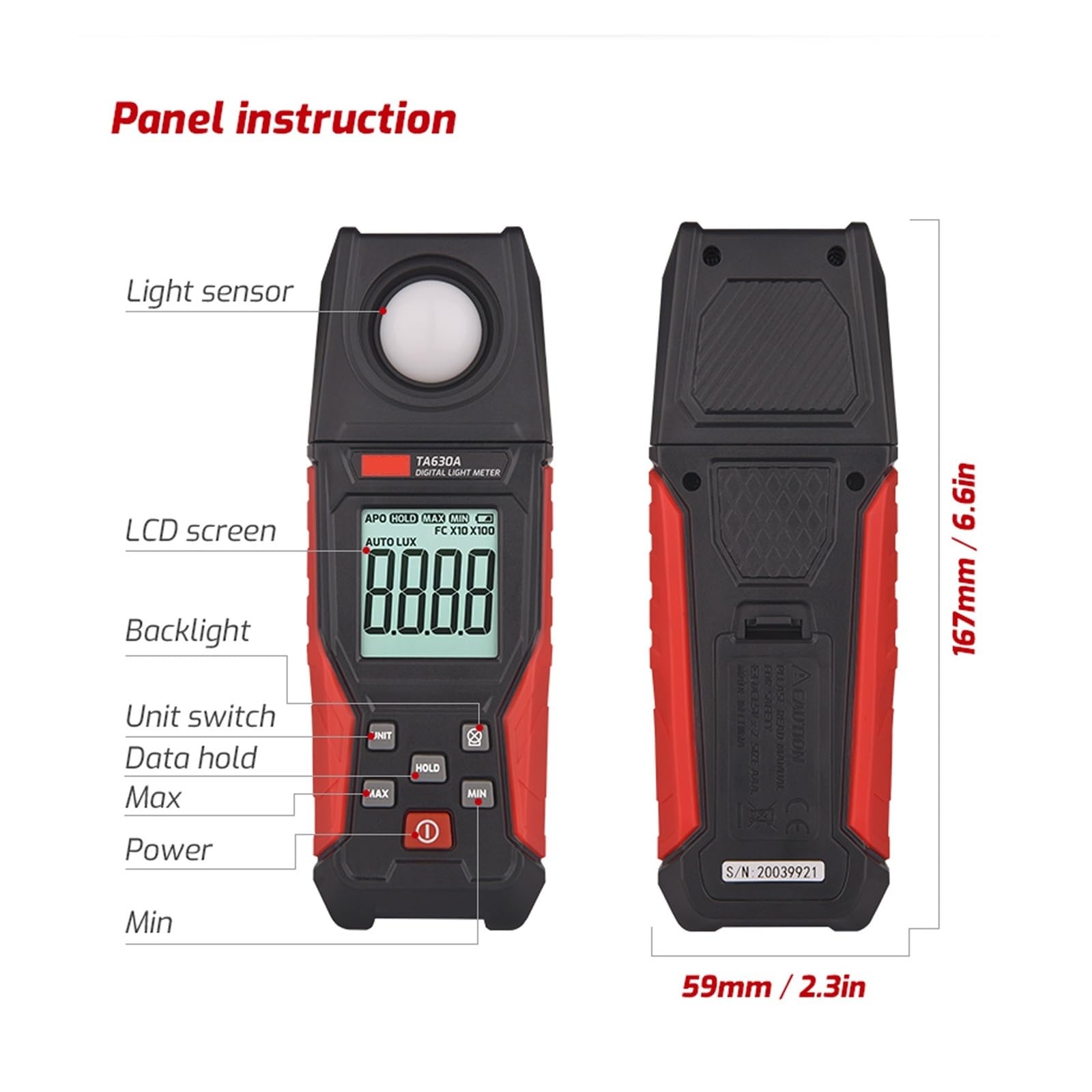 Luminómetro Medidor De Luz Digital Iluminancia Lux con Registro 0~200.000 Rango Medición Sensor Flexible Probador Amplio Rango, Alta PrecisióN(TA630A)