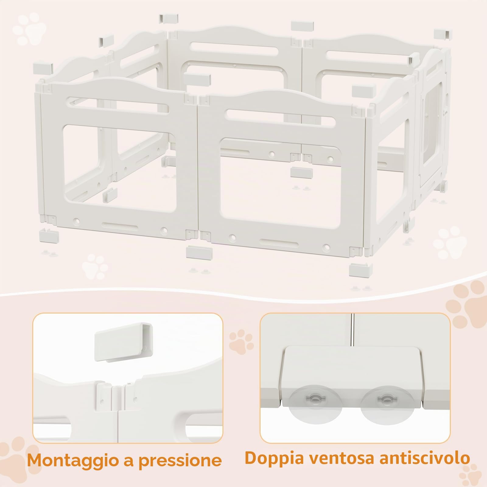 MAMIZO Recinto per Cani Acrilico 129 × 129 × 60 cm, Box per Cuccioli | Box per il Parto Cani con Porta a Chiusura e Ventose, 8 PCS Pannelli Parco per Cani adatto Appartamento, Bianco
