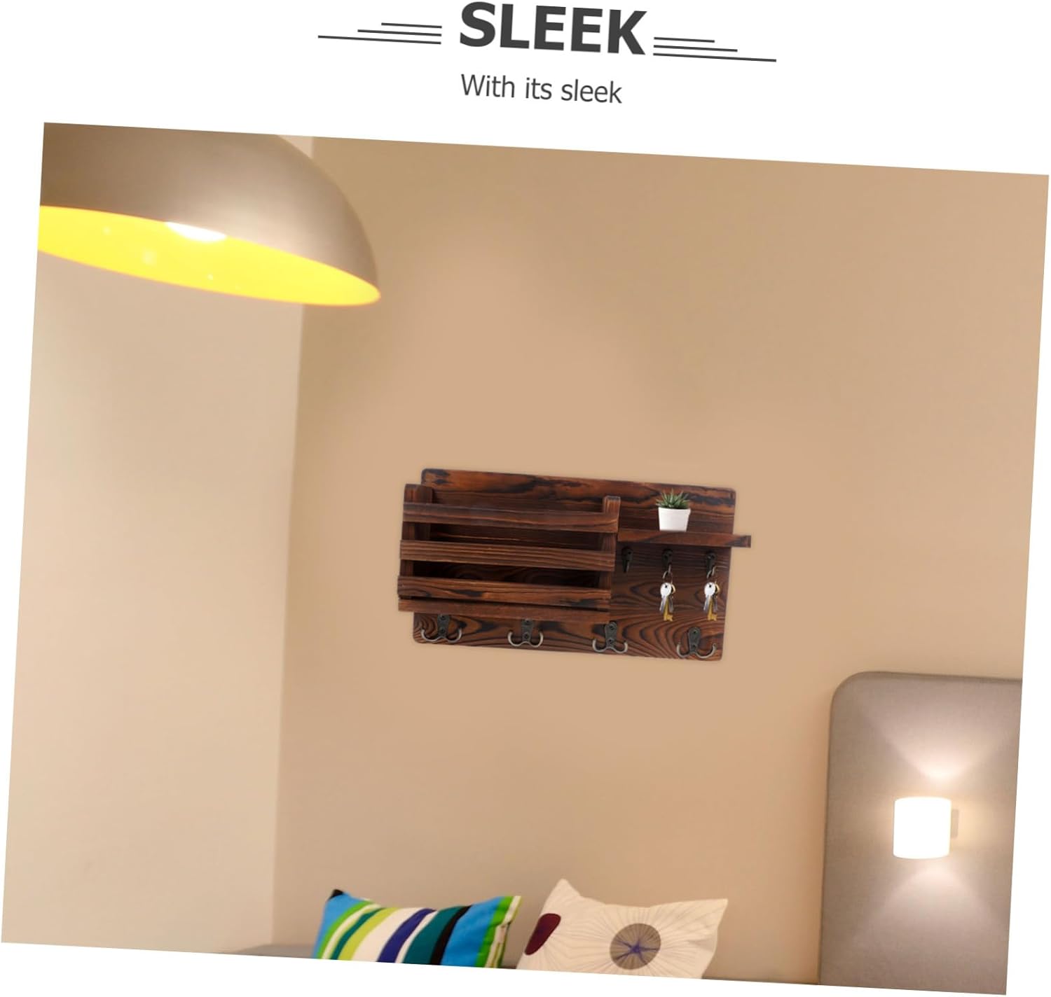 Garneck Wall-Mounted Key Holder with Hooks Rustic Wooden Key Organizer Entryway Storage Rack Multi-Functional Wall Shelf for Home 1-Piece