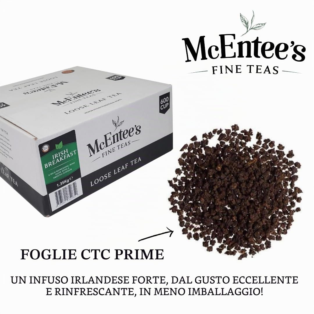 McEntee's Irish Breakfast Tea - Catering 1.35Kg - 600 Cup - VINCITORE PREMIATO E MISCELA IN IRLANDA. FORTE E AGRUMATA. Una miscela tradizionale irlandese di tè sfuso di Ceylon e Assam.