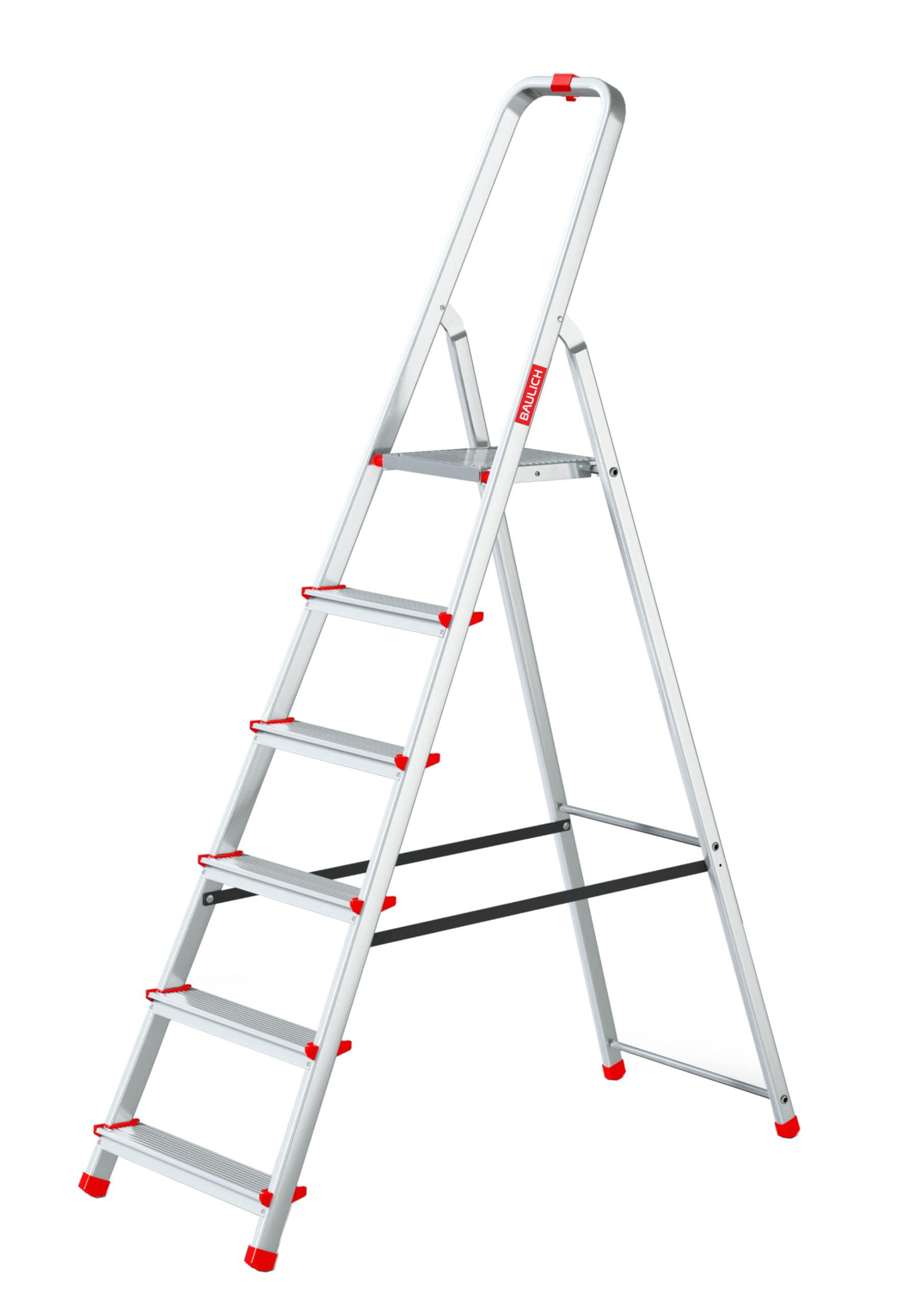 Aluminiowa drabina - 6 stopni, z haczykiem i 4 antypoślizgowymi końcówkami - solidna i ergonomiczna konstrukcja, łatwa do przenoszenia - 191 x 48 x 12 cm - nośność do 125 kg