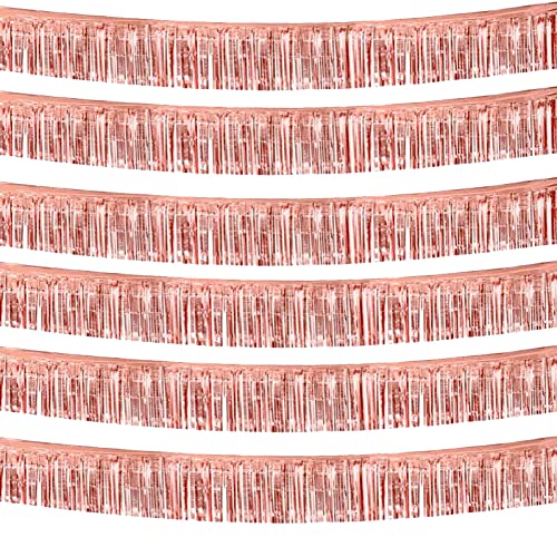 Image of 6 Pack 10 Feet Rose Gold Foil Fringe Garland Metallic Tinsel Streamers Banner Wall Hanging Curtain Backdrop Banner for Parade Floats, Thanksgiving, Christmas, Birthday, Halloween Party Decorations