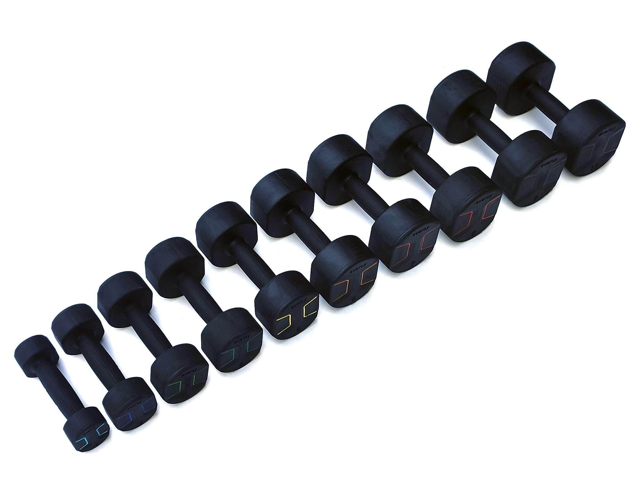 Studio evergy – Par de mancuernas de goma 1 a 10 kg. Halteres hexagonales para gimnasio en casa, fitness y entrenamiento de fuerza. Pesos Dumbbells.