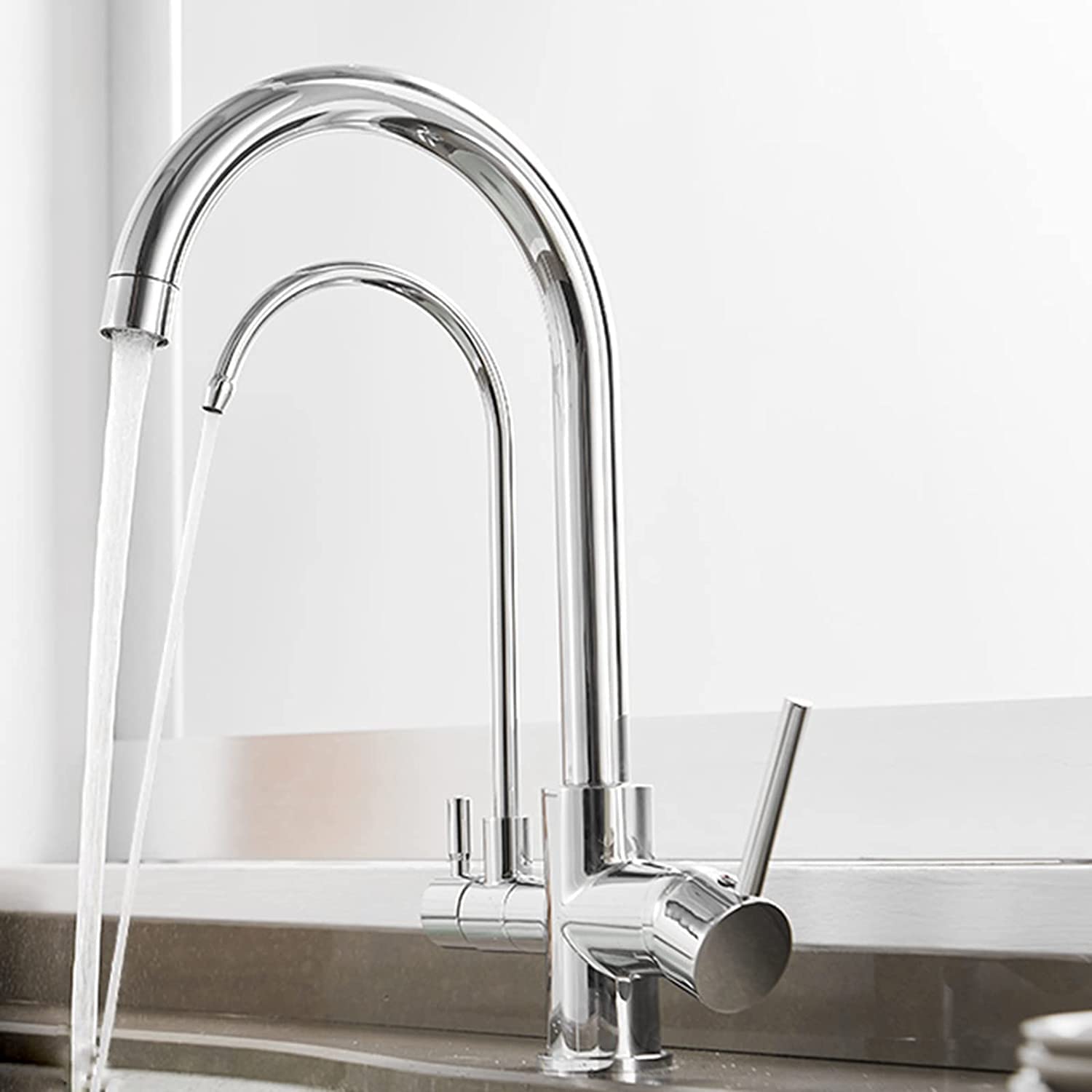 ZQFHSX 3Way Kitchen Faucet with Filter 3in1 Mixer Tap for Reverse Osmosis System Dual Mode Double Handle Black Sink Durable & Stylish Chrome Finish
