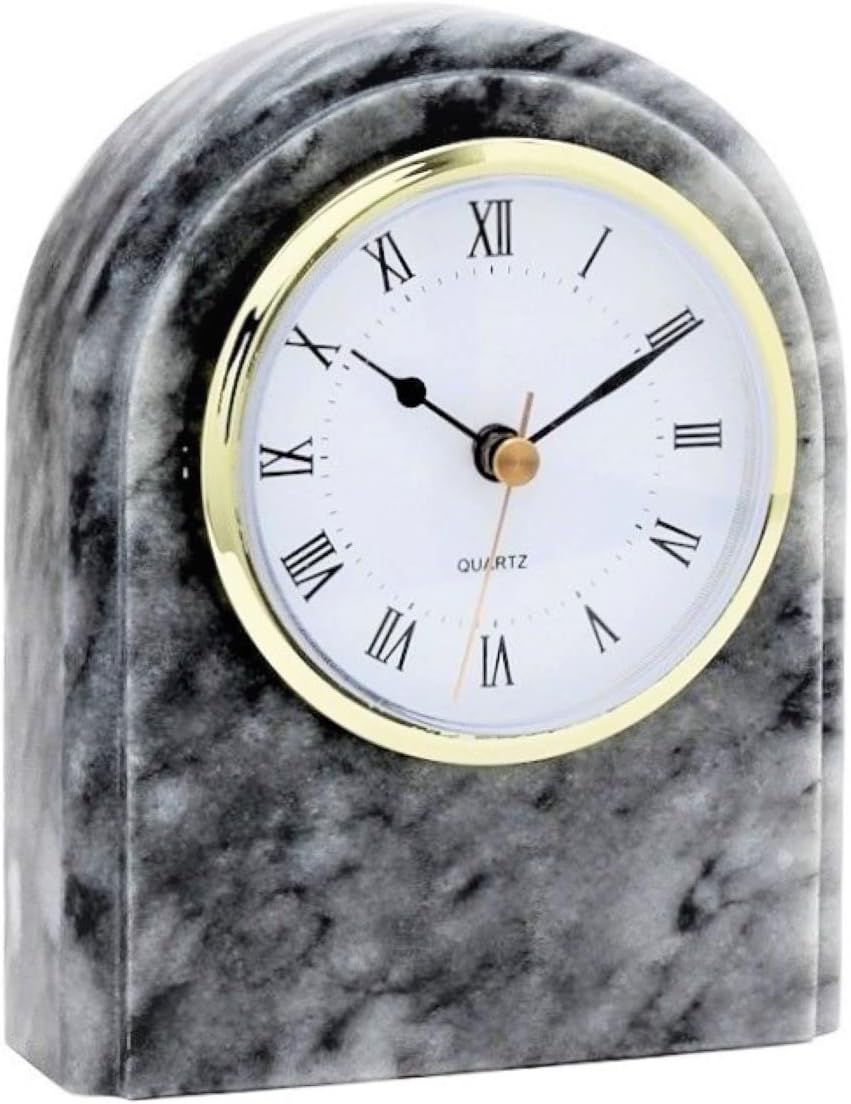 Genuine Gray Marble Clock, Decorative Grey Stone Desk or Shelf Clock - 6 Inch