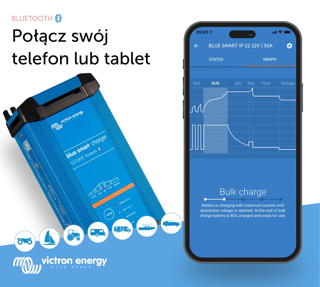 Victron Energy Blue Smart IP22 12-Volt 30 amp 230V, Jedno Wyjście Ładowarka do Akumulatorów CEE 7/7, Bluetooth