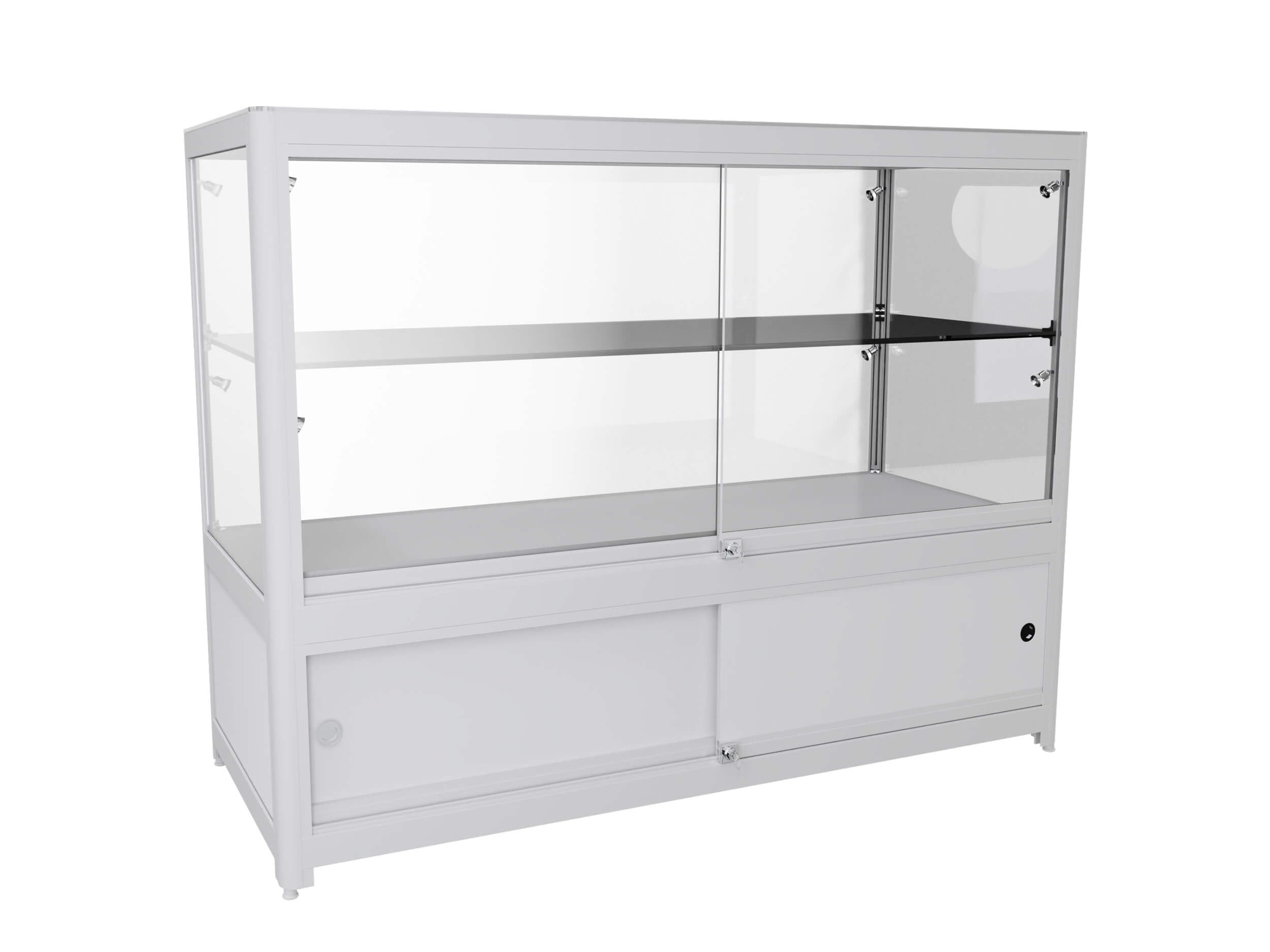 Verkaufsvitrinen silber, Set 3x Thekenvitrine mit Unterschrank B120xH94xT50 cm und 1x Eckvitrine B70,5x H94xT53,5 cm, Schmuckvitrine ESG-Sicherheitsglas mit LED-Spots, Verkaufstheke L-Form