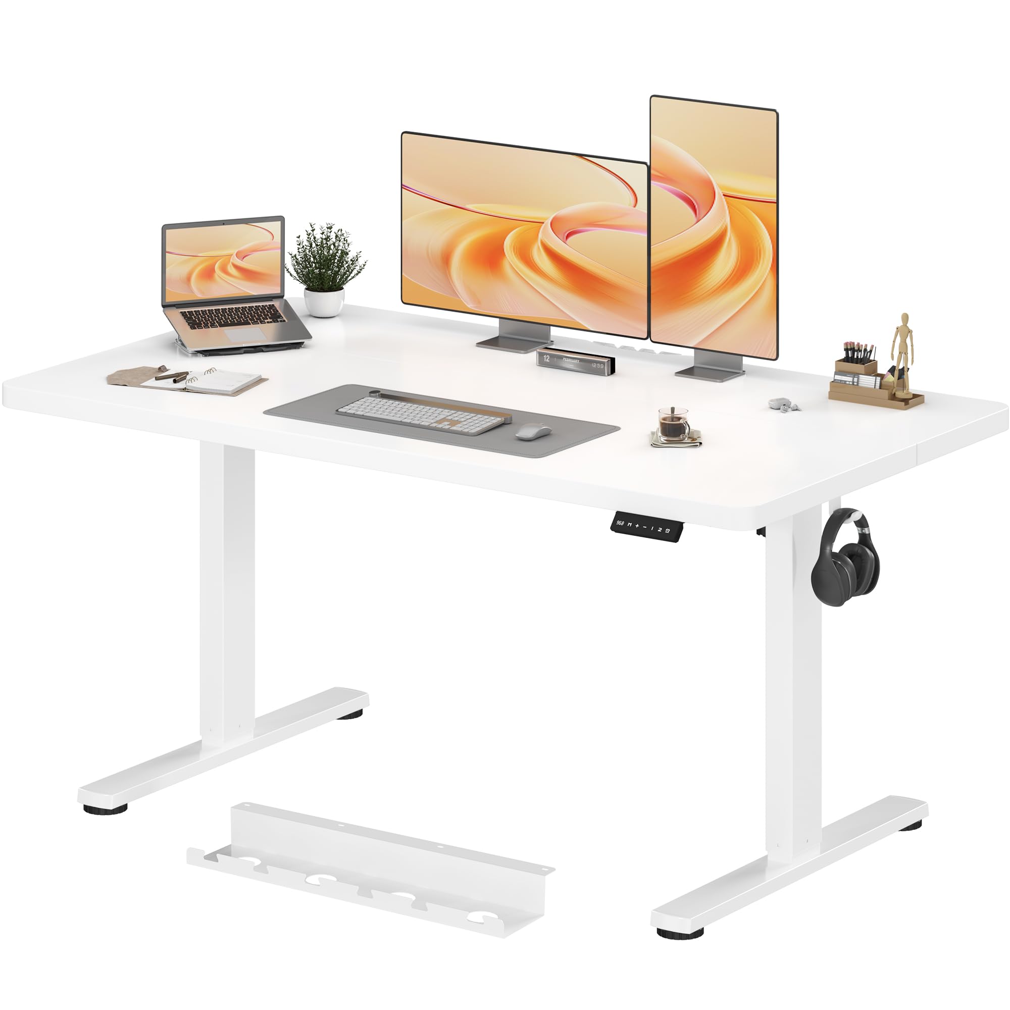 JUMMICO Electric Height Adjustable Desk, 140x70cm with Cable Tray & Sit-Stand Reminder – Ergonomic Standing Desk for Home Office, White