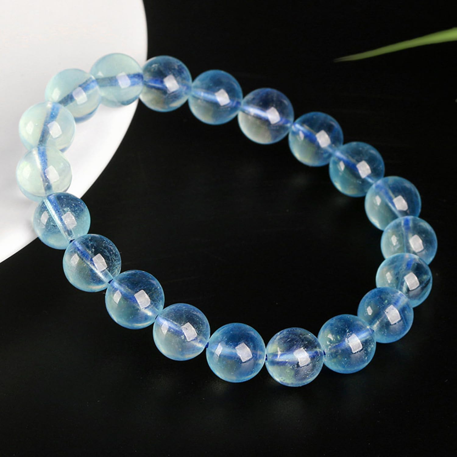 Pulsera redonda elástica de aguamarina azul, pulseras de cuarzo natural | Regalo de joyería espiritual hecho a mano para mujeres y hombres, mejora la energía positiva