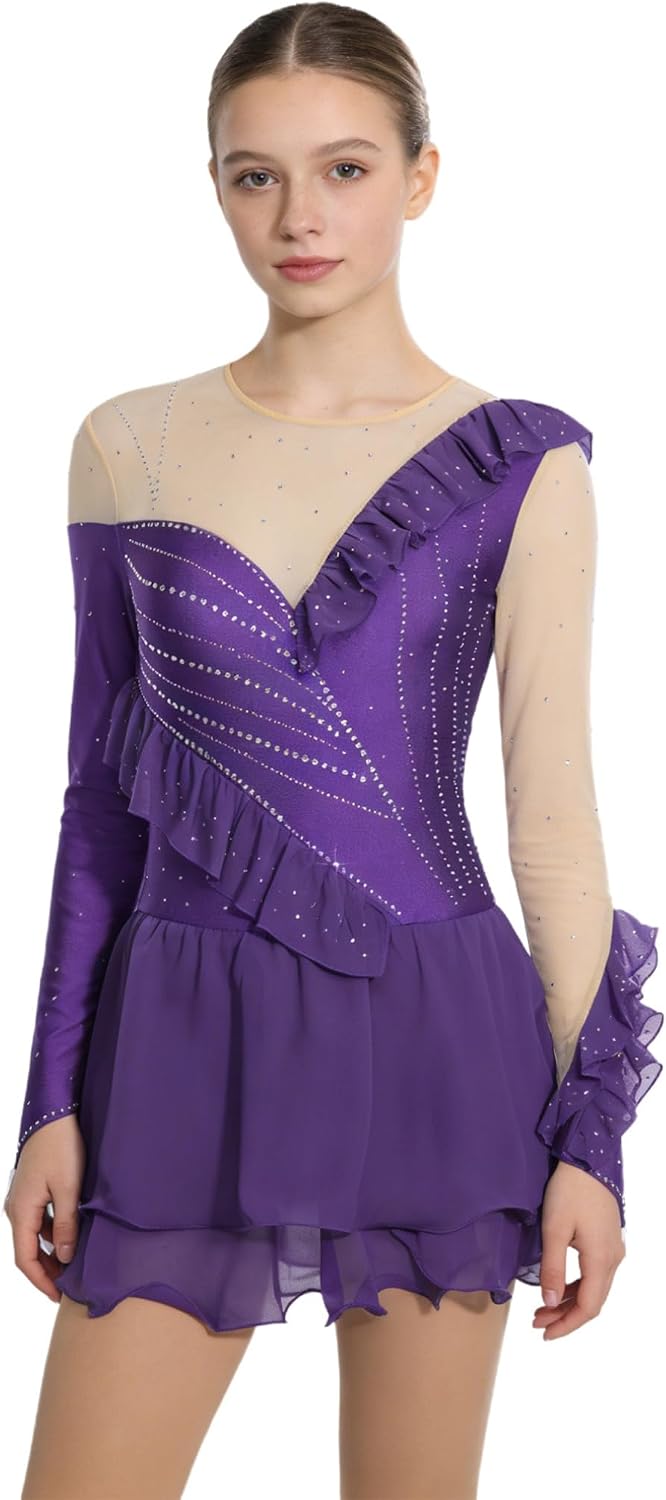 JEATHA Women Figure Skating Dress Long Sleeve Chiffon Skirt Gymnastics Bodysuit Dress Ballet Latin Dancewear