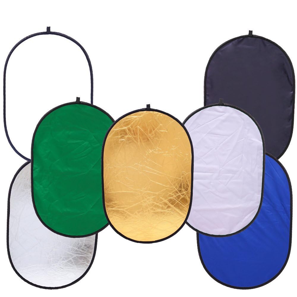 Reflex Camera Réflecteur de photographie 7 en 1 rond 60 cm - Translucide/argent/or/blanc/noir/bleu/vert - Kit de fond avec étui de transport (90 x 120 cm)