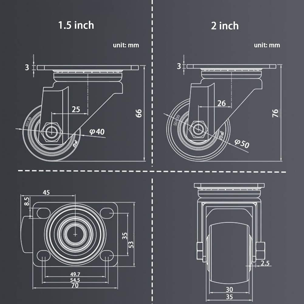 roulettes pour Charges Lourdes roulettes pour Meubles 1,5 Pouce (40mm) 2 Pouces (50mm) Double Roulement Industriel Universelle Roues Pivotantes avec Freins Capacité 300-360KG (4PCS)