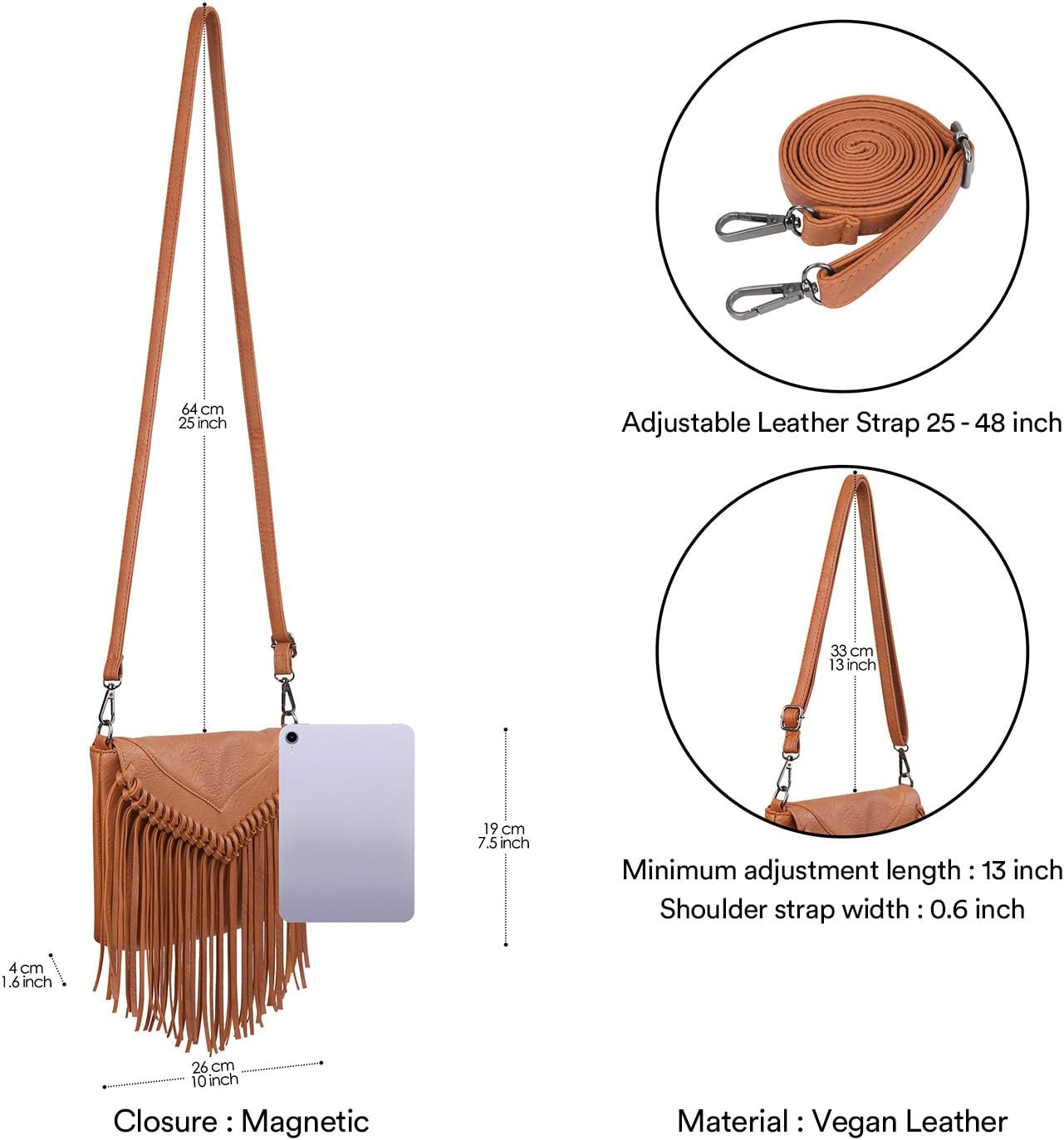HDE Women's PU Leather Hobo Fringe Crossbody Tassel Purse Vintage Small Handbag - Image 3