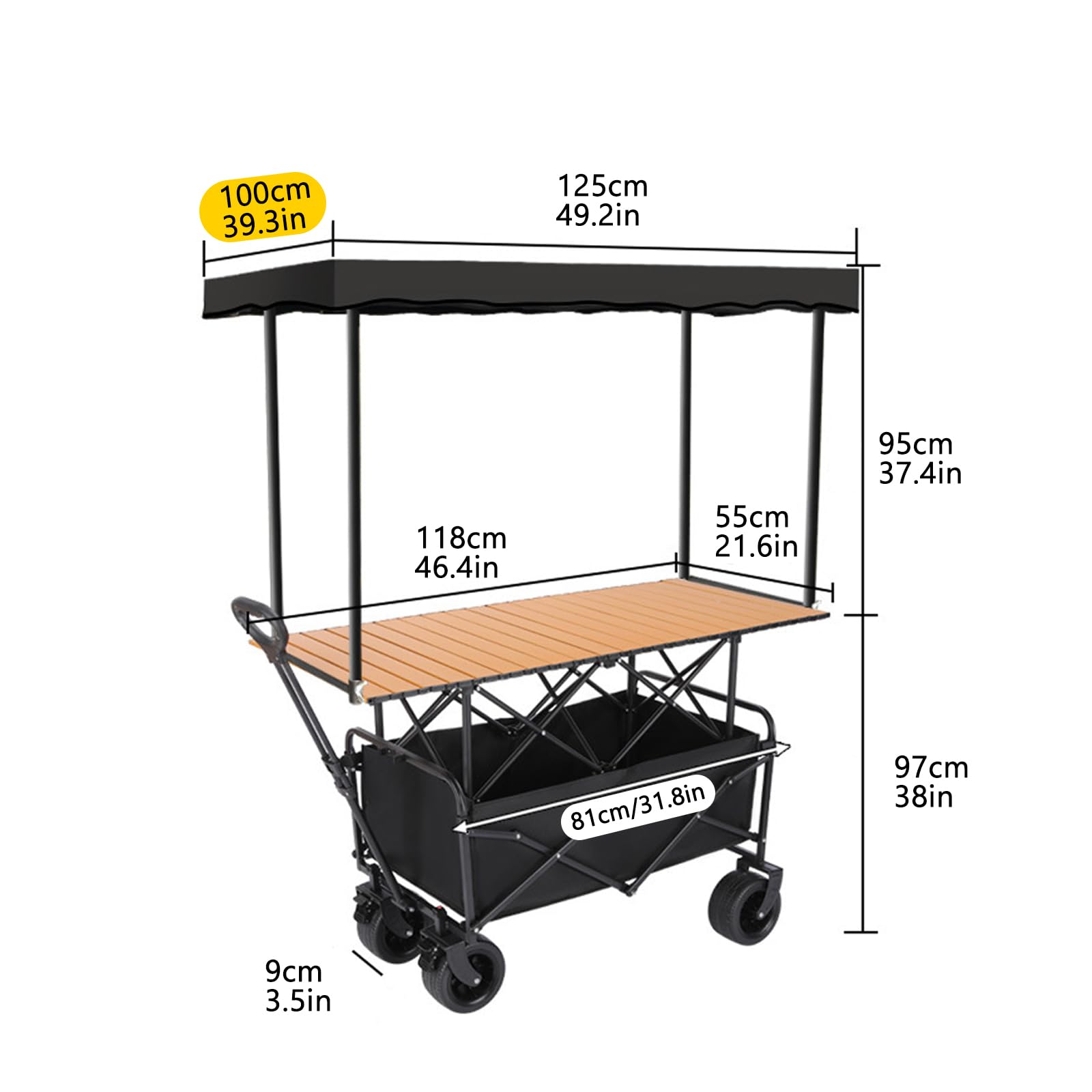 Carrito de Venta Ambulante con Ruedas y toldo Expositor portátil de Comida Quiosco/Carrito Plegable para mercados, Puestos de Comida callejera y Eventos