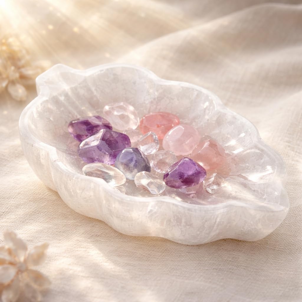 NKlaus Cuenco de hojas de selenita de 12 cm – Piedra natural para limpiar piedras curativas y joyas, cuenco decorativo tallado a mano para meditación, reiki y esoterismo