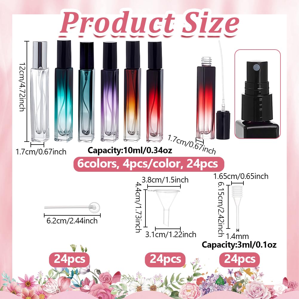 NBEADS Kit di 24 flaconi spray per profumo in 6 colori da 10 ml, riutilizzabili, rettangolari, da viaggio, con pompe in plastica, imbuti e pipette per erogazione di fragranze