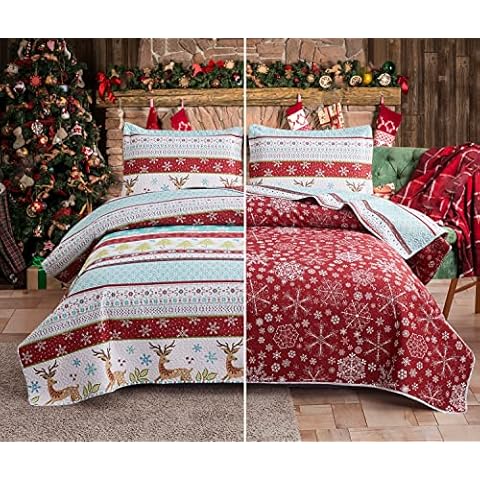 Ycosy Christmas Bedspread Coverlet King Size Christmas Quilt Elk Xmas Tree Bedding Set Lightweight Reversible Aqua Blue Red Strip Quilt Bedspread Christmas Lodge Coverlet Snowflake Elk Decor Cover