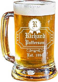 Personalized 16.oz Beer Mug | Badge Design | Clear Glass | Custom Made | Perfect for wedding gifts, anniversaries, birthday gifts, home warming gifts or graduation