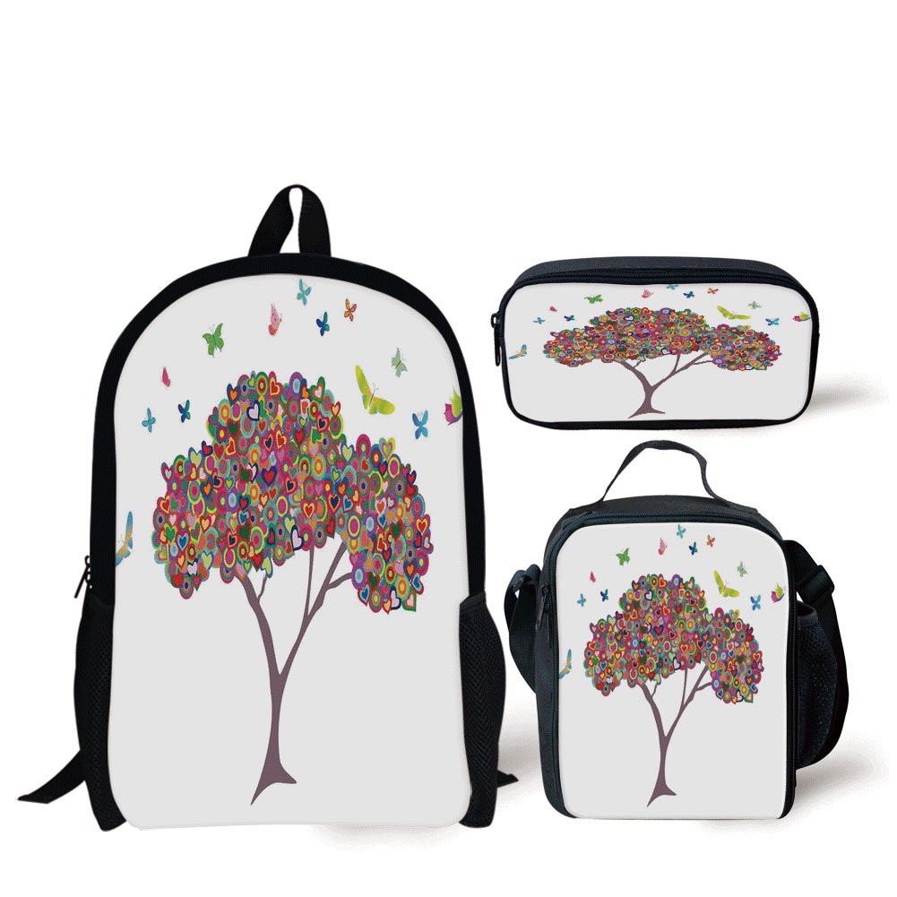 iPrint School Lunch Pen Bags,Tree of Life,Fashionable Colorful Tree with Butterflies Heart Happiness Love Theme Bloom Summer Life Decorative,Multi,3 Piece Set