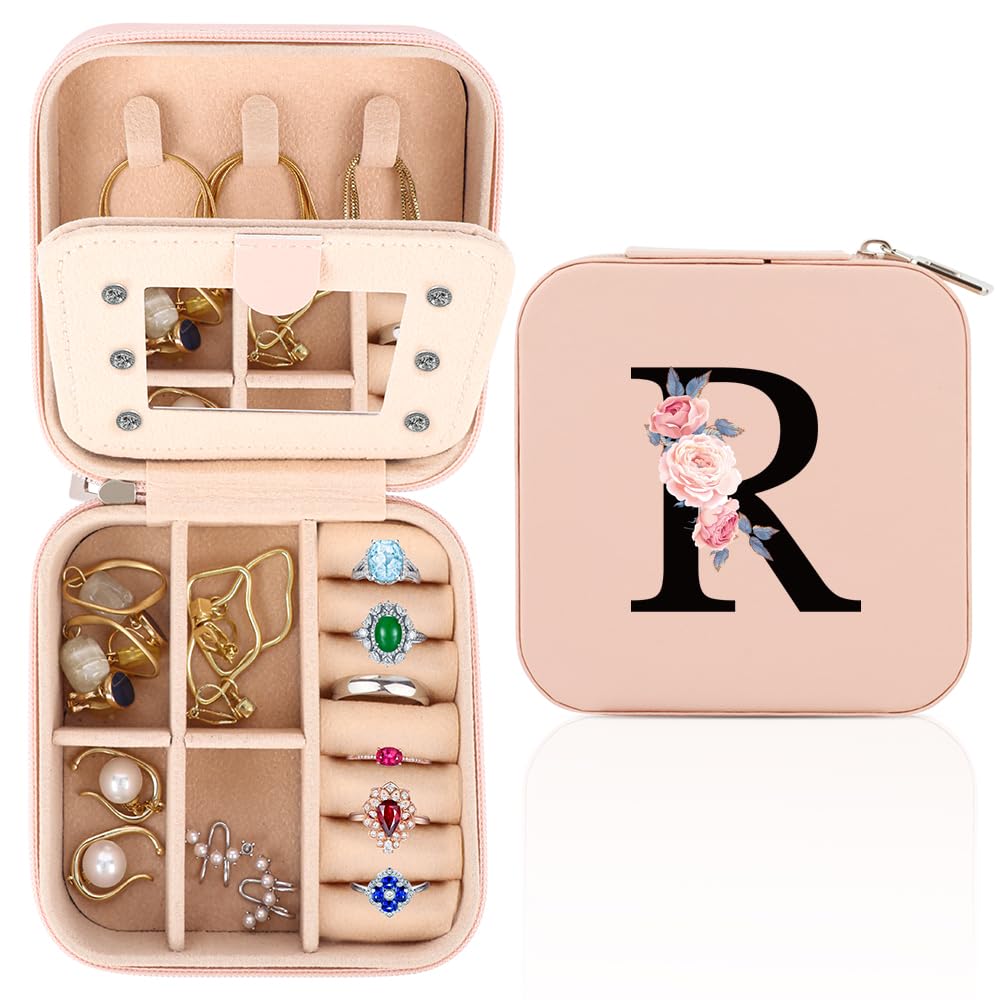 FIDWALL Schmuckkästchen Reise,Schmuck Reiseetui fuir Damen,Personalisierte Schmuckkästchen von A bis Z,Kleine Schmuck-Organizers mit Spiegel,Geschenk zum Frauengeburtstag,Geschenk zum Muttertag.(R)