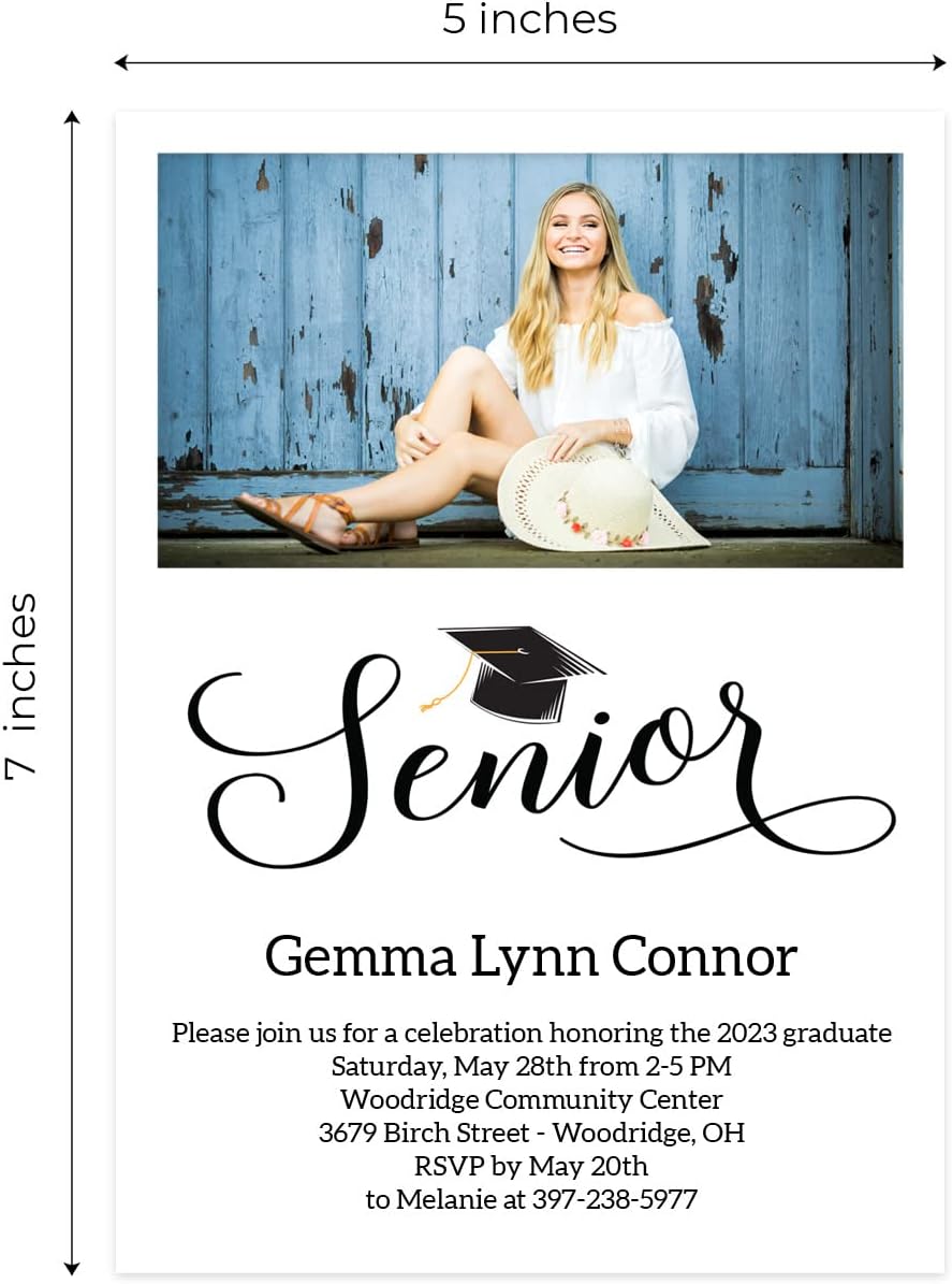 Personalized Senior Photo Graduation Cap Invitations / 25 Custom Graduate Invite Announcements With White Envelopes / 5" x 7" Flat DIY High School College Grad Party Invitation / Made In The USA
