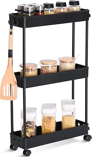 TOOLF Carrito de almacenamiento delgado con ruedas, carrito utilitario de 3 niveles con ganchos, organizador de carrito rodante para baño,