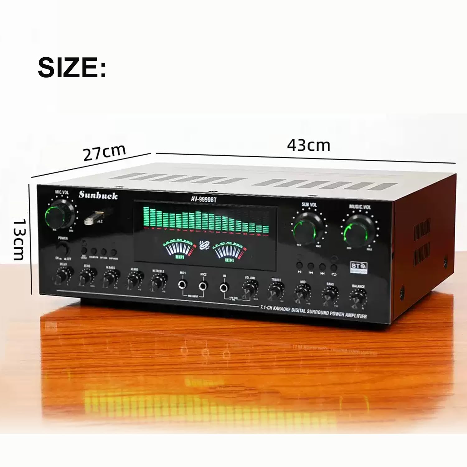 Amplificateur audio stéréo 7.1 canaux, récepteur audio domestique, avec Bluetooth 6.0, compatible avec les entrées DVD/CD/AUX, volume réglable pour la maison, le karaoké et les enceintes home cinéma