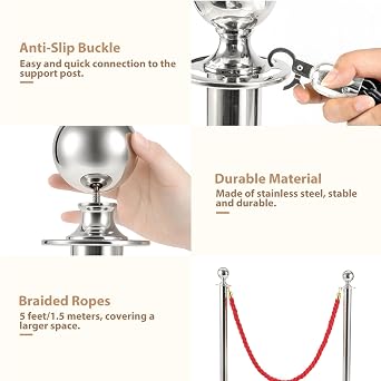 2Pcs Queue Barrier Posts Crowd Control Stanchions with 1.5M Ropes Stainless Steel Retractable Belt Barriers with Weighted Bases for Events Airports Hotels Restaurants (Silver/Red)