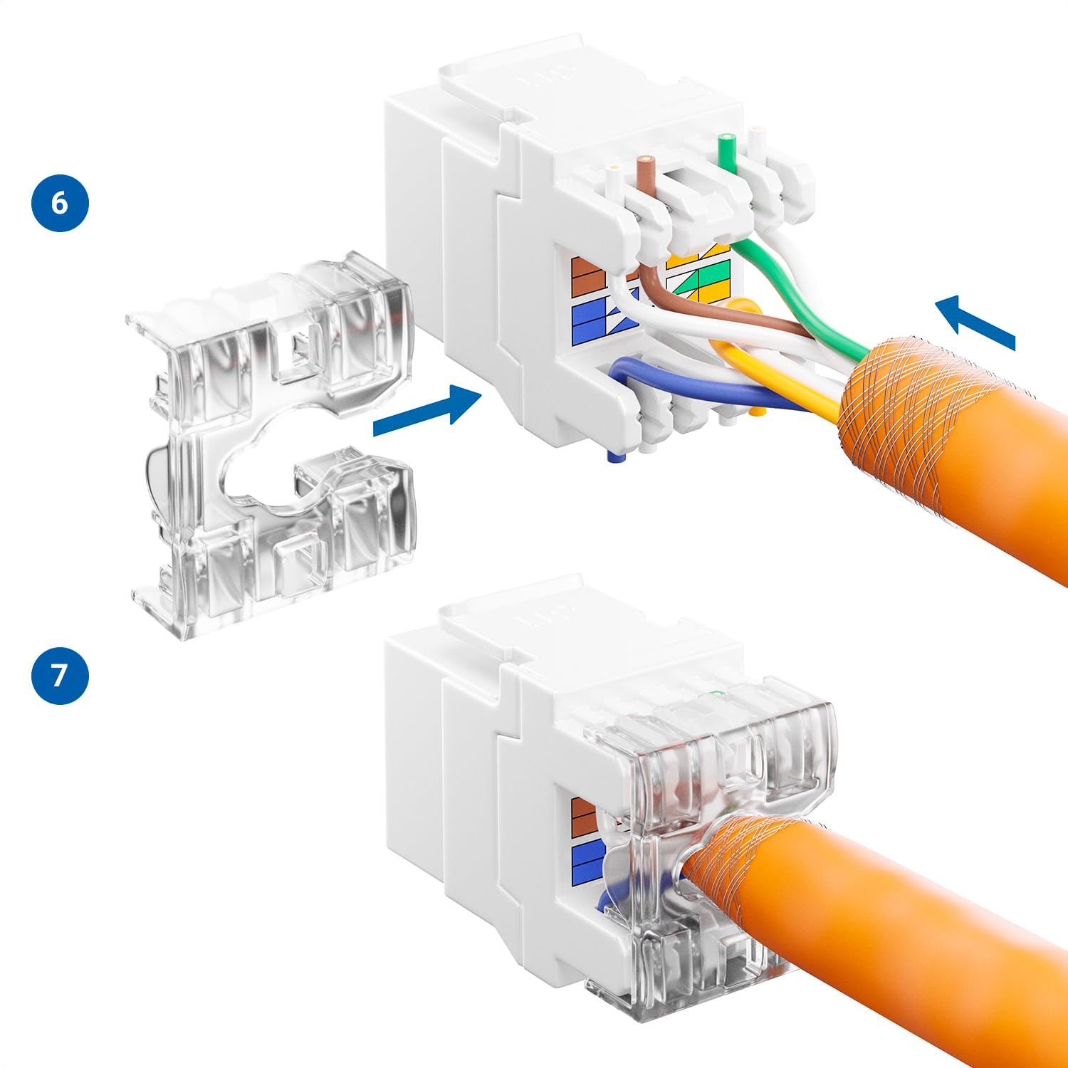 deleyCON Moduł Keystone Jack RJ45 CAT6 (Zestaw 48 Sztuk) do Kabli LAN - 1 Gbit/s - T568A/T568B, AWG 23-26 UTP - Tworzywo Sztuczne - do Patchpanelu, Gniazda Sieciowego - Biały